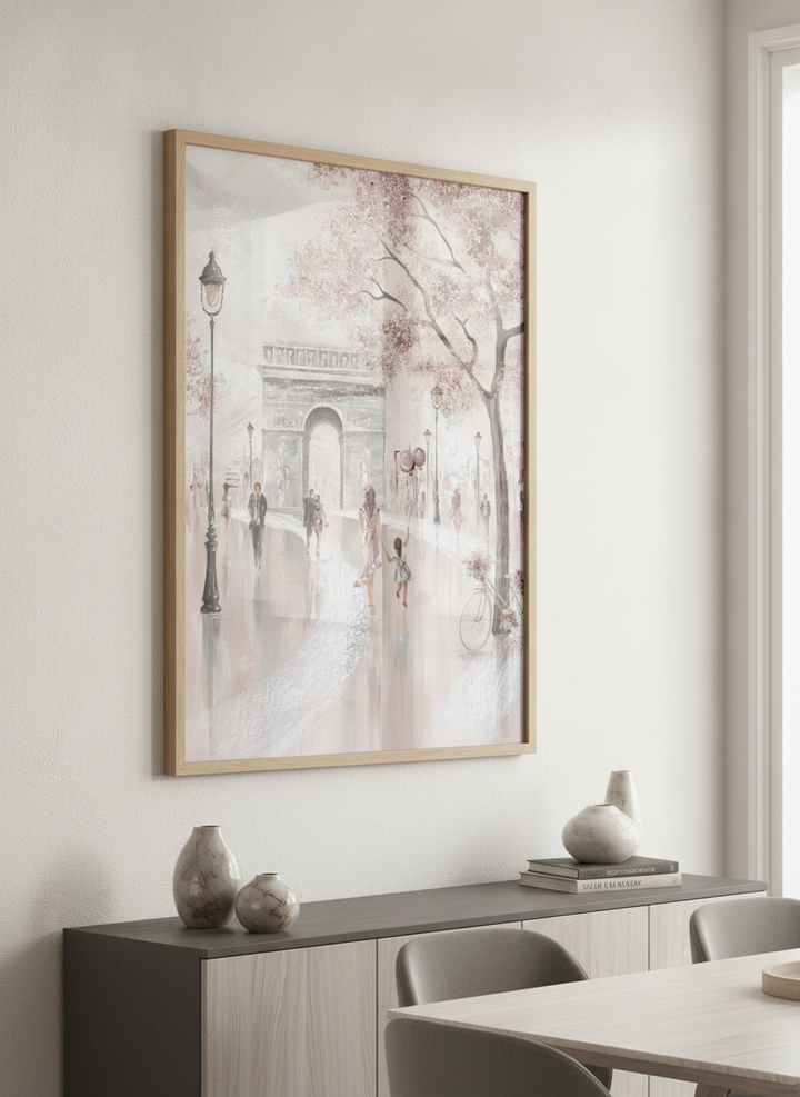 Wall art styled above a dining table in a contemporary home