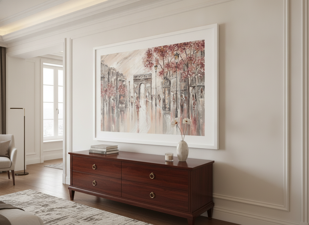 Monumental artwork centred on a feature wall in a luxe interior