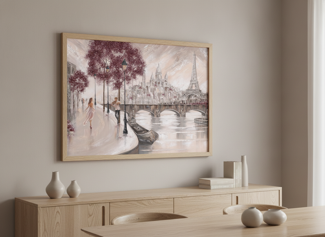 Wall art styled above a dining table in a contemporary home