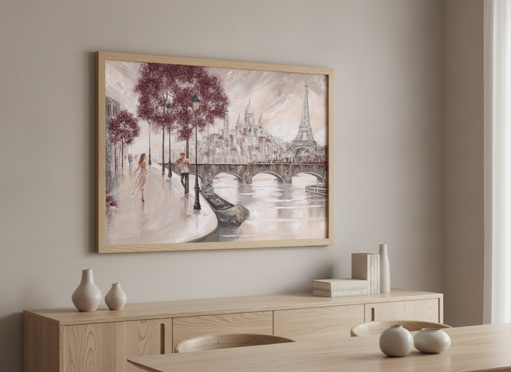 Wall art styled above a dining table in a contemporary home