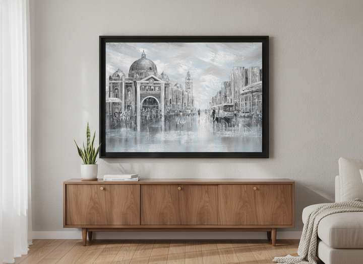 Artwork displayed above a credenza in a real-looking contemporary home