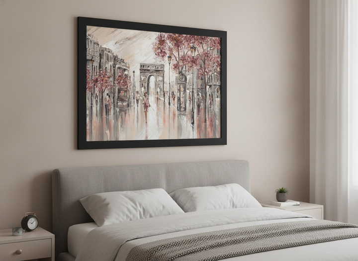 Minimalist artwork displayed in a calm, light-filled bedroom interior