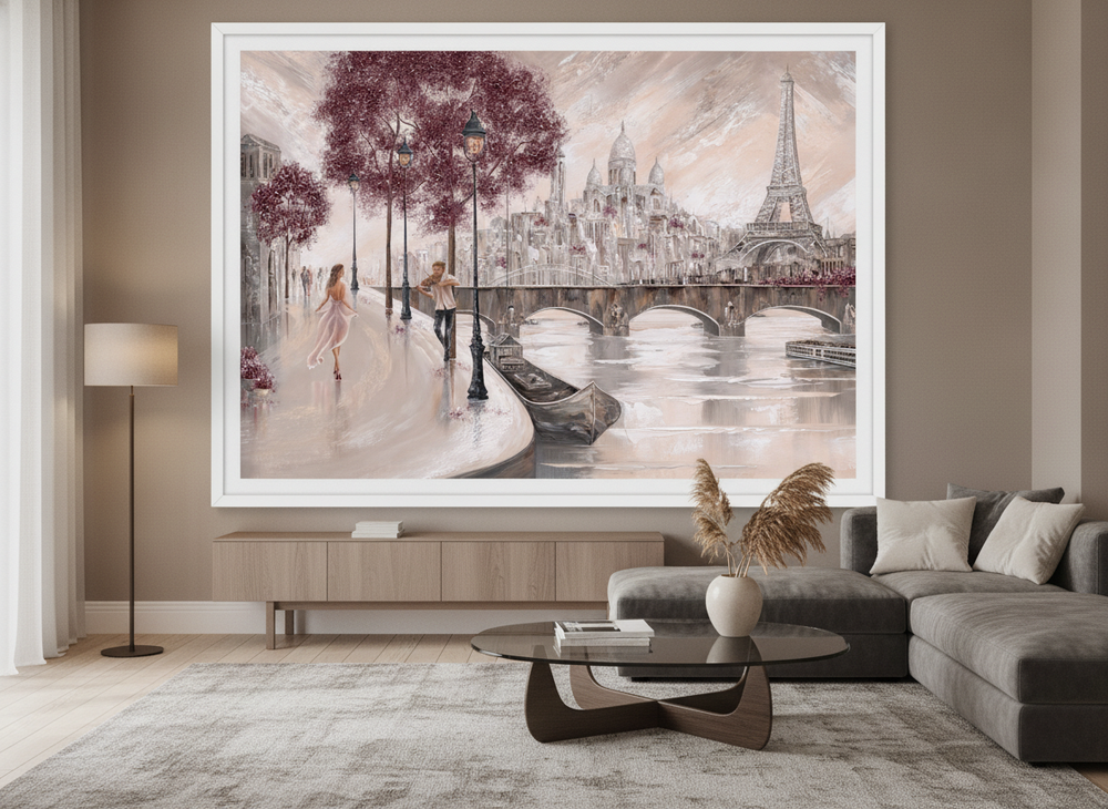 Monumental artwork centred on a feature wall in a luxe interior