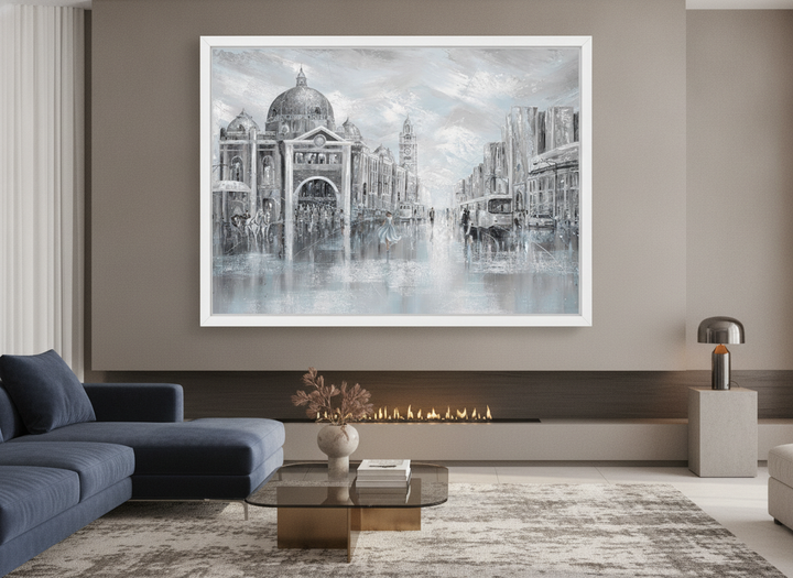 Monumental artwork centred on a feature wall in a luxe interior
