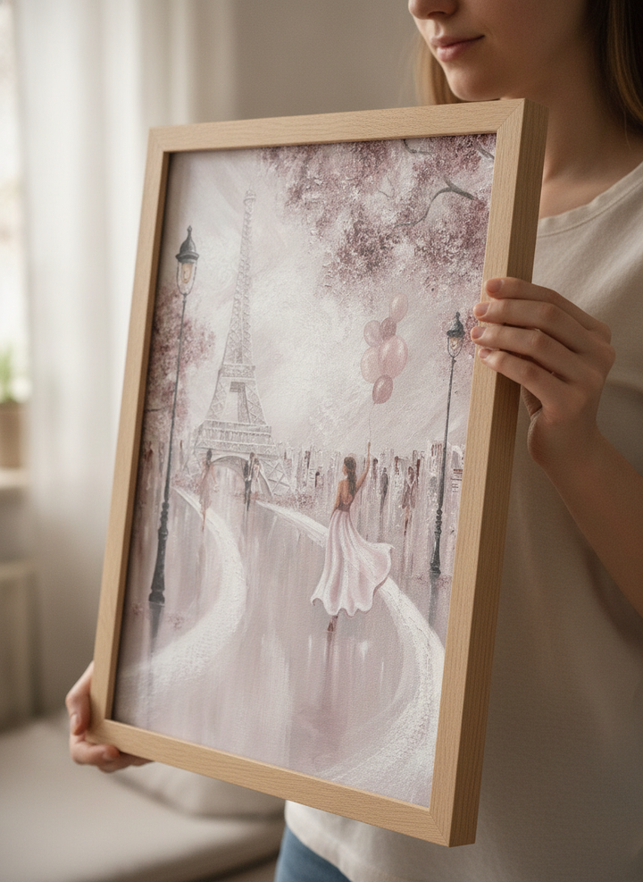 Person showcasing the artwork against a clean modern interior wall