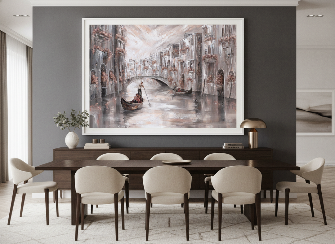 Monumental artwork centred on a feature wall in a luxe interior