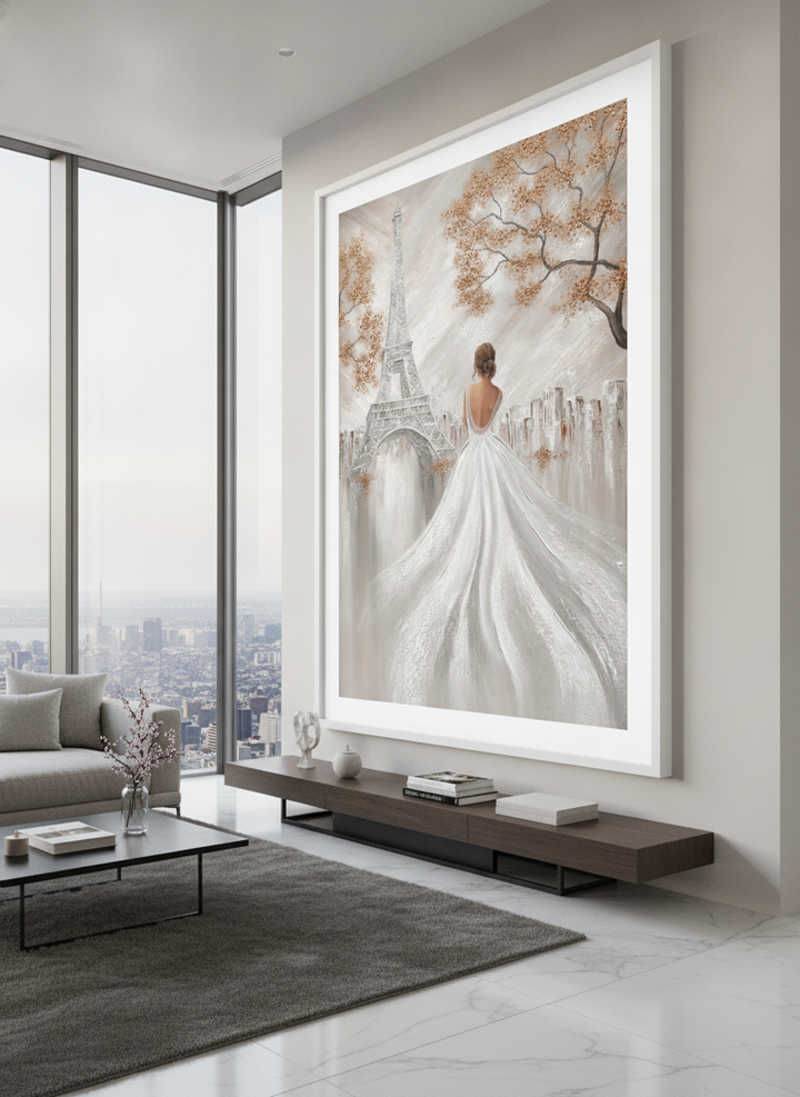 Monumental artwork centred on a feature wall in a luxe interior
