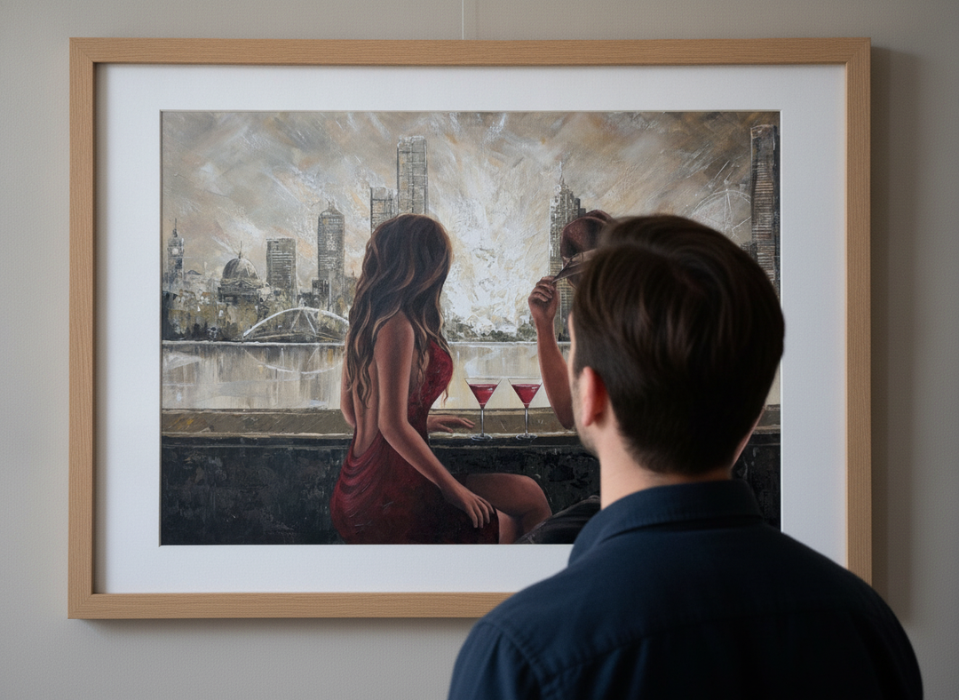 Person showcasing the artwork against a clean modern interior wall