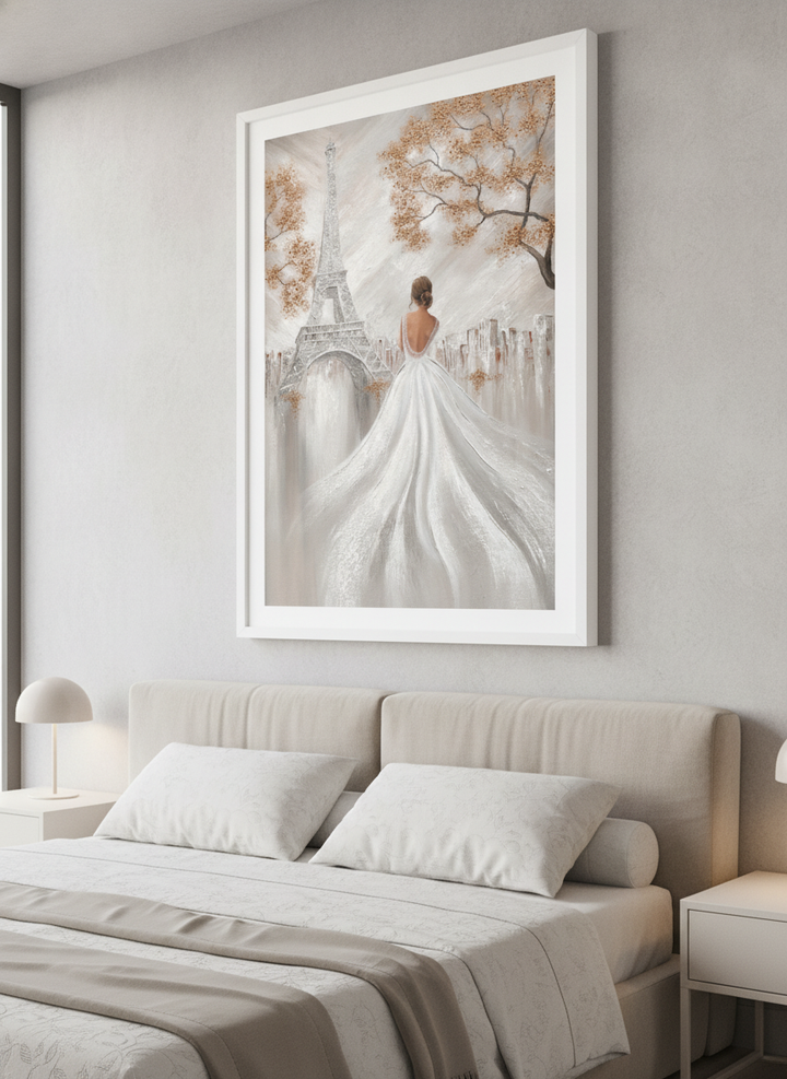 Minimalist artwork displayed in a calm, light-filled bedroom interior