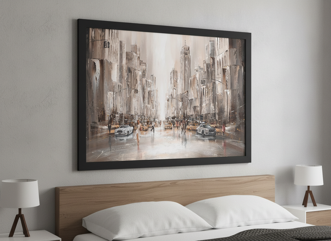 Minimalist artwork displayed in a calm, light-filled bedroom interior