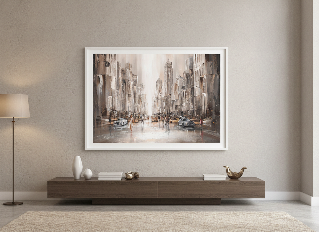 Monumental artwork centred on a feature wall in a luxe interior