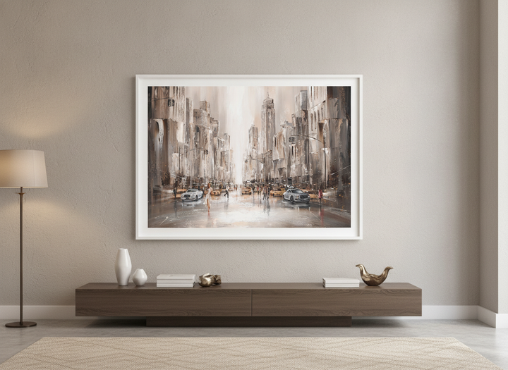 Monumental artwork centred on a feature wall in a luxe interior