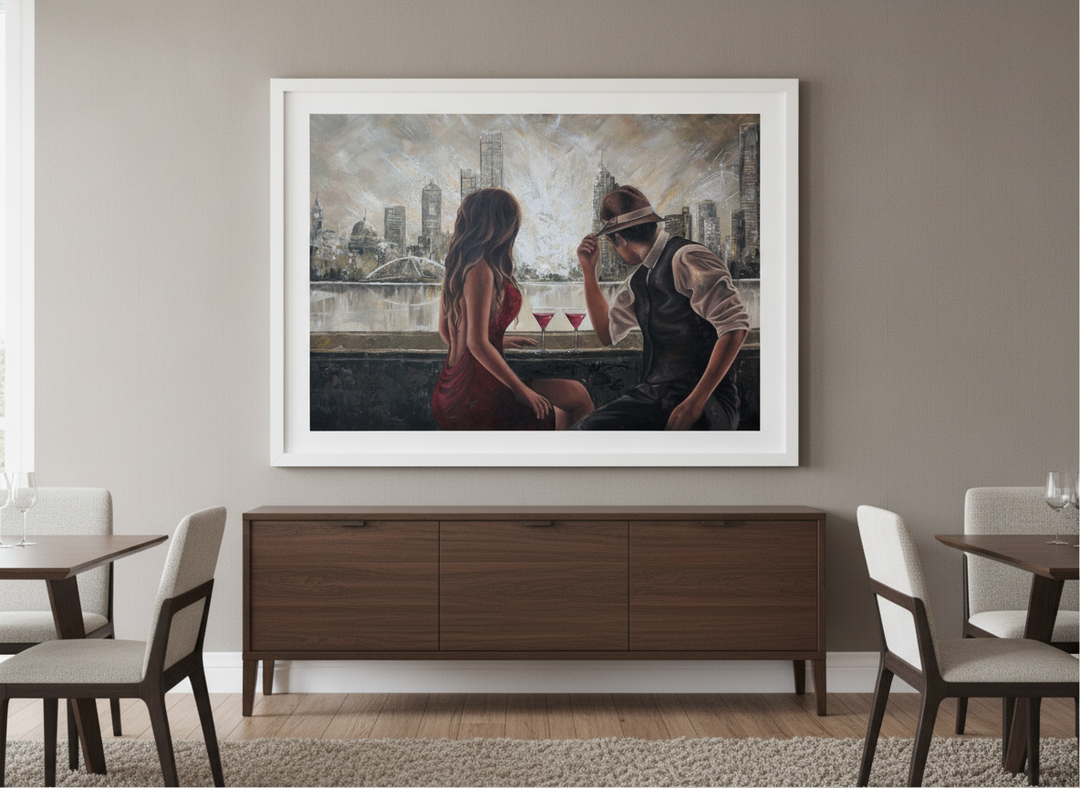 Wall art styled above a dining table in a contemporary home