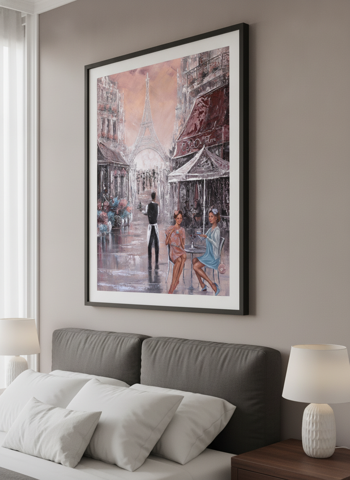 Minimalist artwork displayed in a calm, light-filled bedroom interior