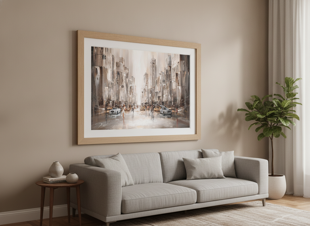 Modern wall art styled above a sofa in a neutral living room