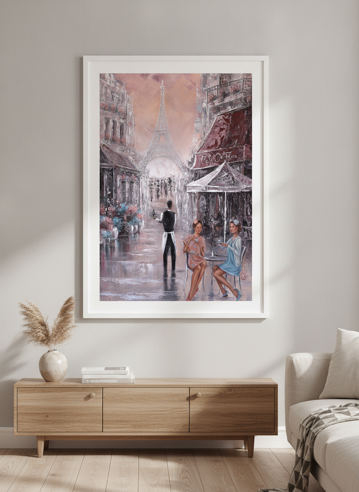 Modern wall art styled above a sofa in a neutral living room