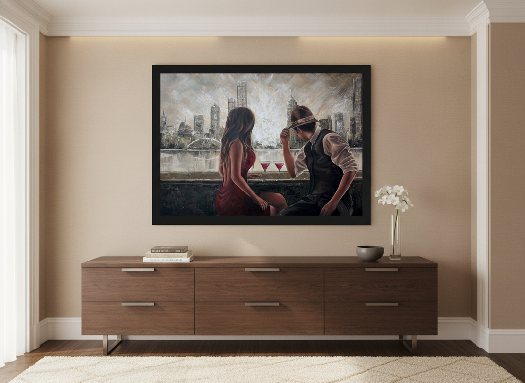 Monumental artwork centred on a feature wall in a luxe interior