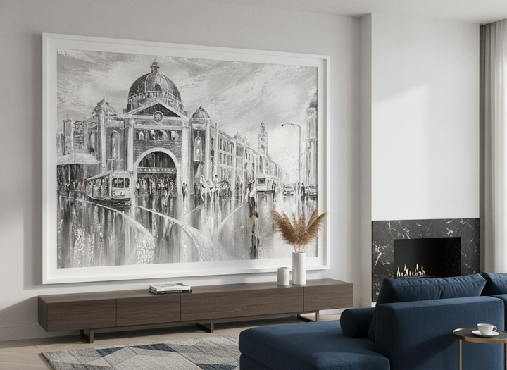Monumental artwork centred on a feature wall in a luxe interior