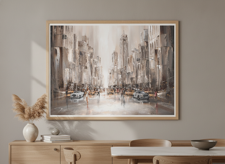 Wall art styled above a dining table in a contemporary home