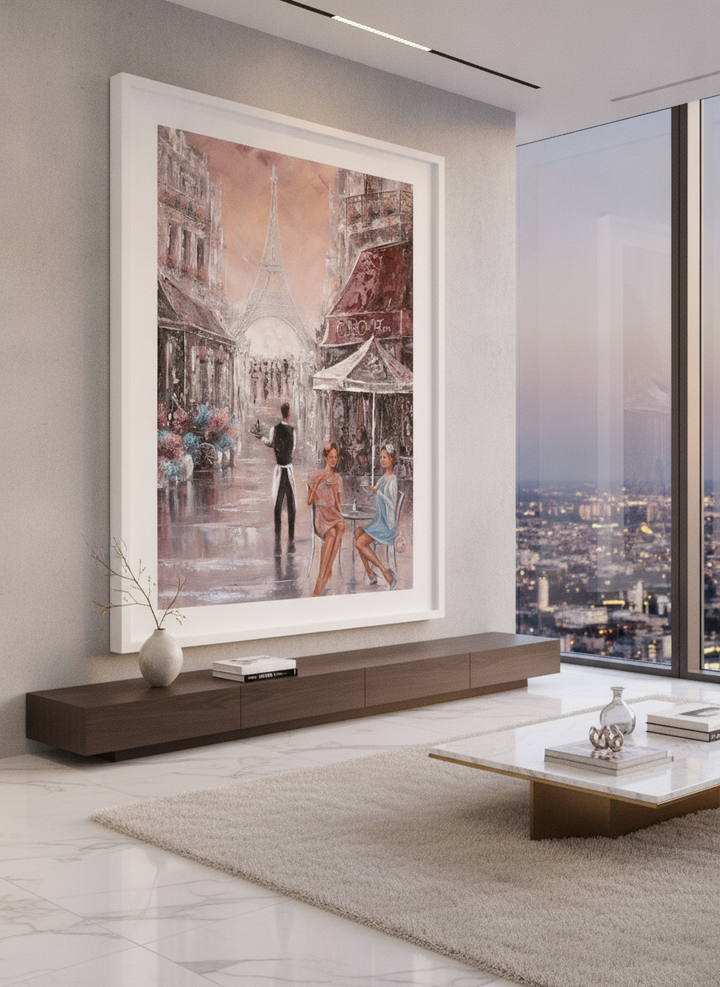 Monumental artwork centred on a feature wall in a luxe interior