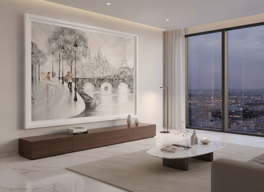 Monumental artwork centred on a feature wall in a luxe interior