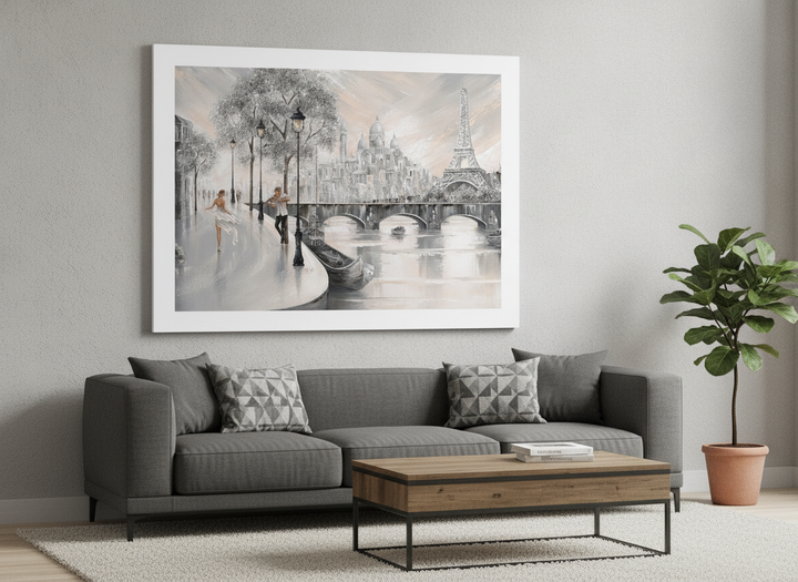 Modern wall art styled above a sofa in a neutral living room