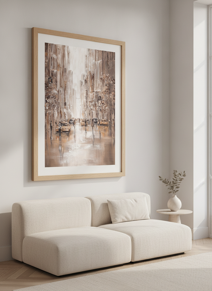 Modern wall art styled above a sofa in a neutral living room