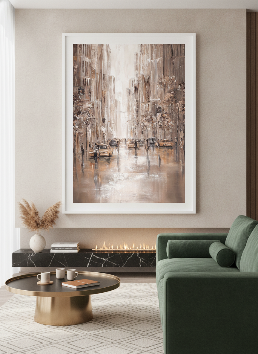 Monumental artwork centred on a feature wall in a luxe interior