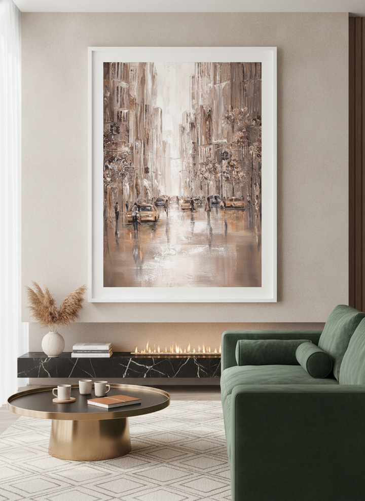 Monumental artwork centred on a feature wall in a luxe interior