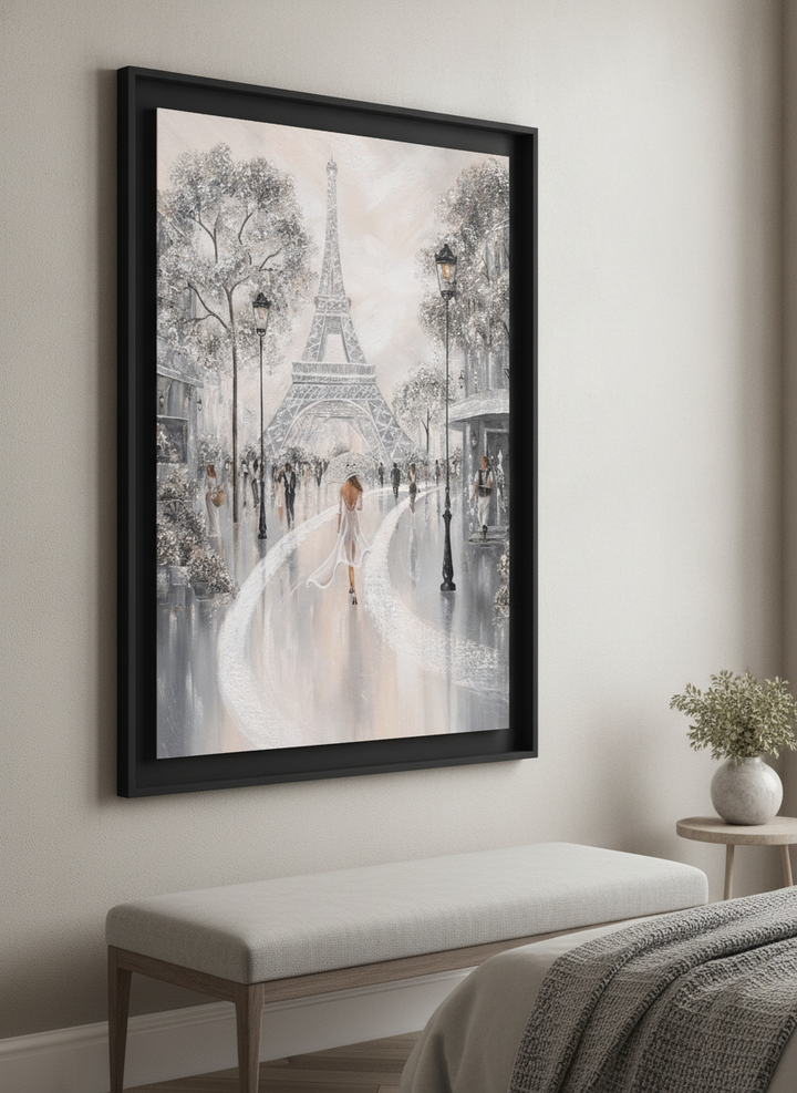 Minimalist artwork displayed in a calm, light-filled bedroom interior