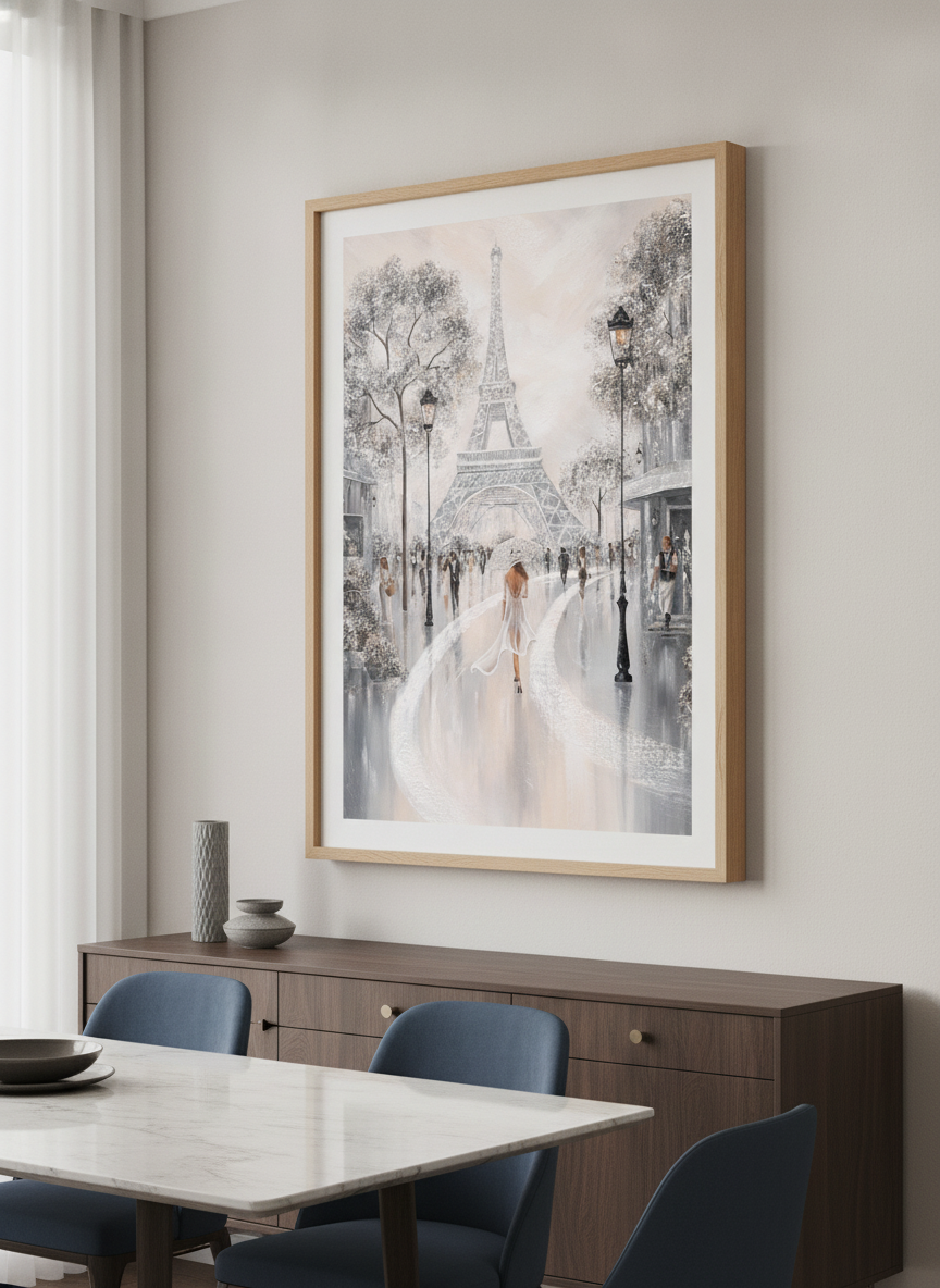 Wall art styled above a dining table in a contemporary home