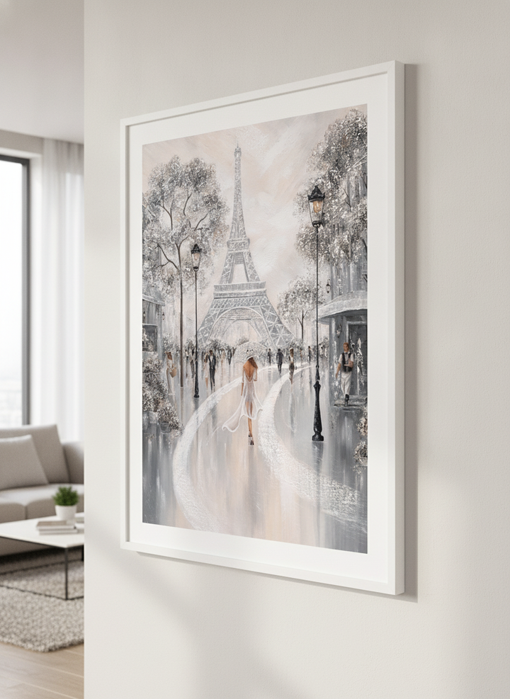 Modern wall art styled above a sofa in a neutral living room