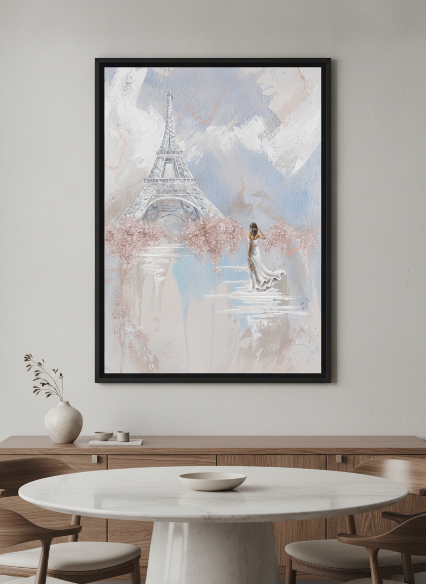 Wall art styled above a dining table in a contemporary home