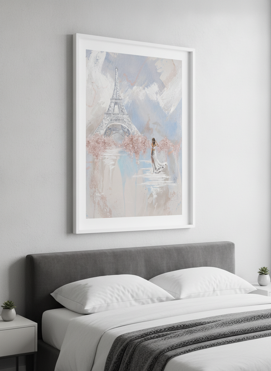 Minimalist artwork displayed in a calm, light-filled bedroom interior