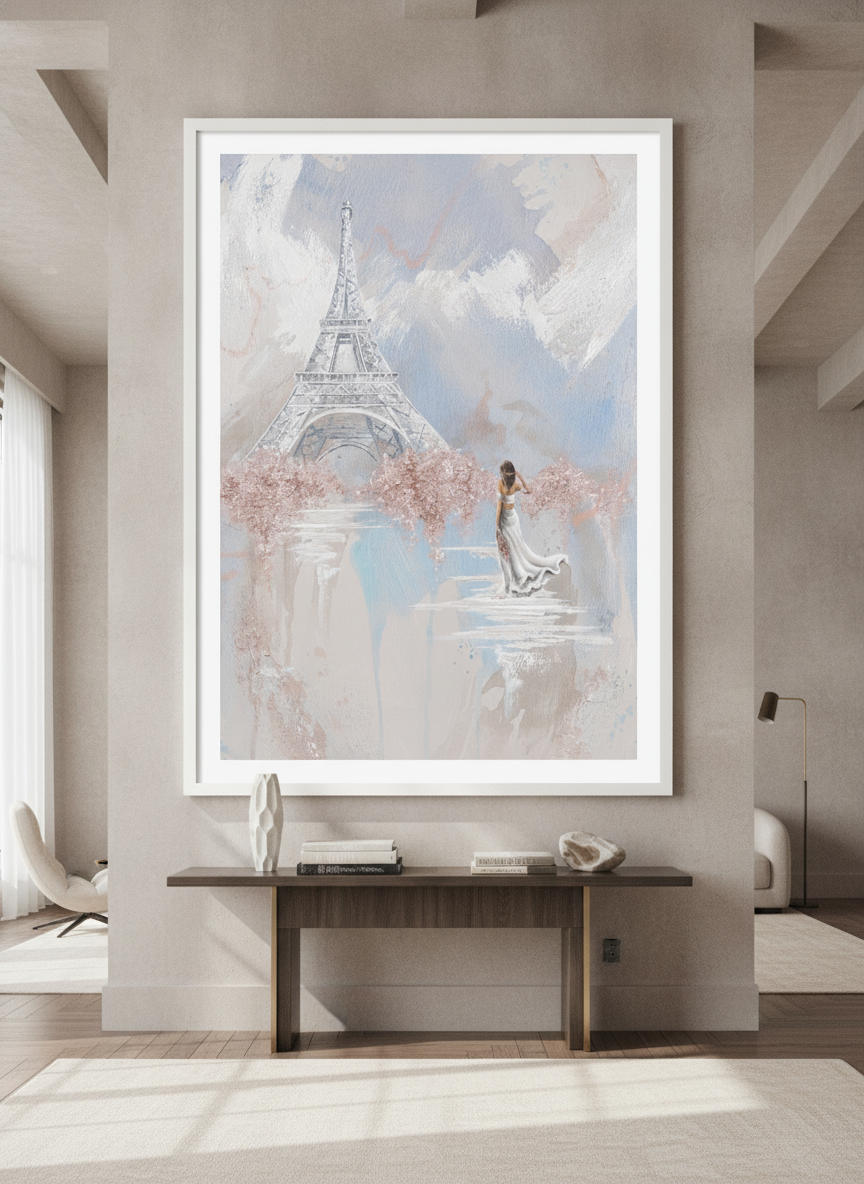 Monumental artwork centred on a feature wall in a luxe interior