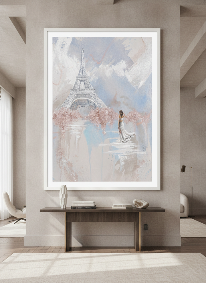 Monumental artwork centred on a feature wall in a luxe interior