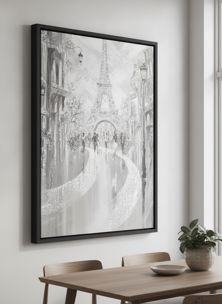 Wall art styled above a dining table in a contemporary home