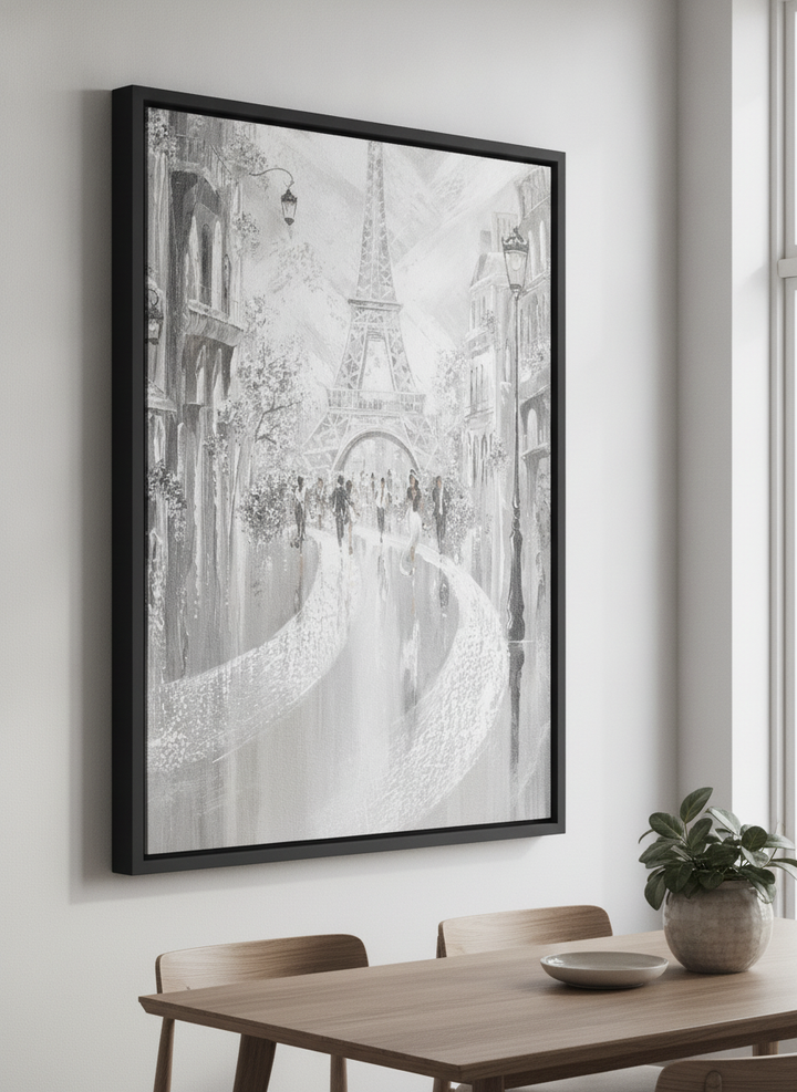 Wall art styled above a dining table in a contemporary home