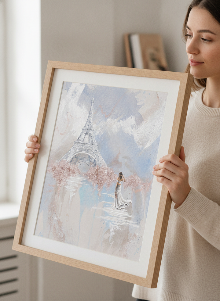 Person showcasing the artwork against a clean modern interior wall