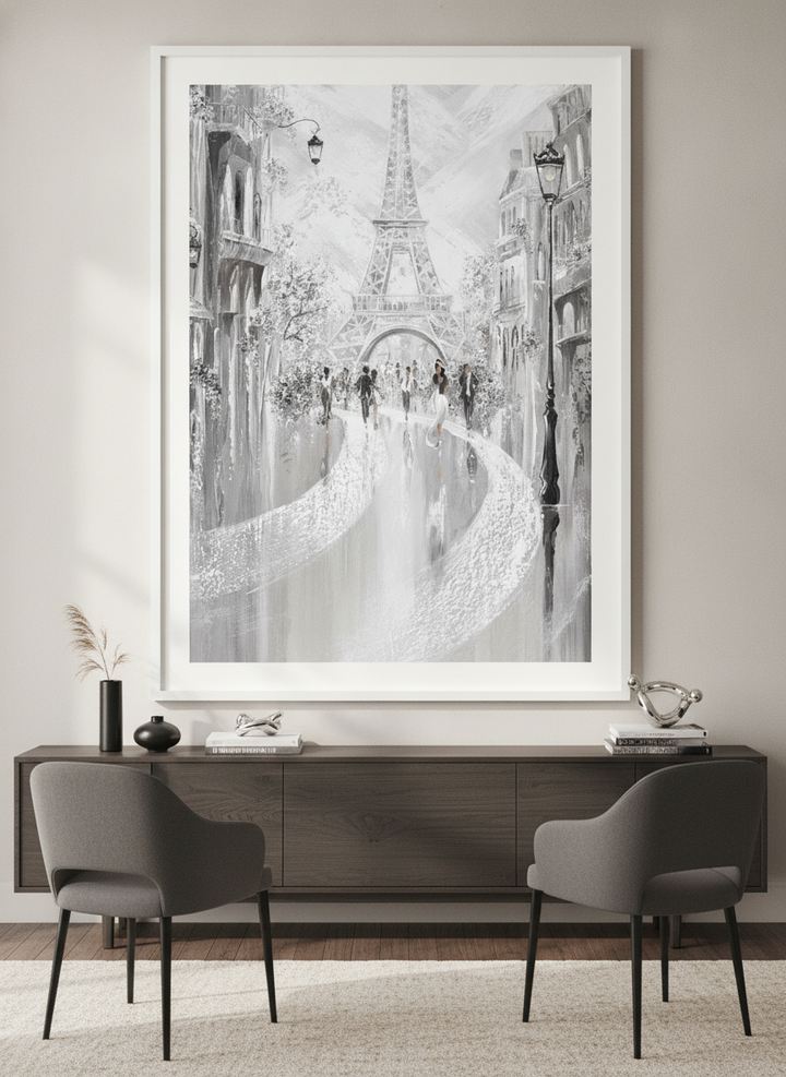 Monumental artwork centred on a feature wall in a luxe interior