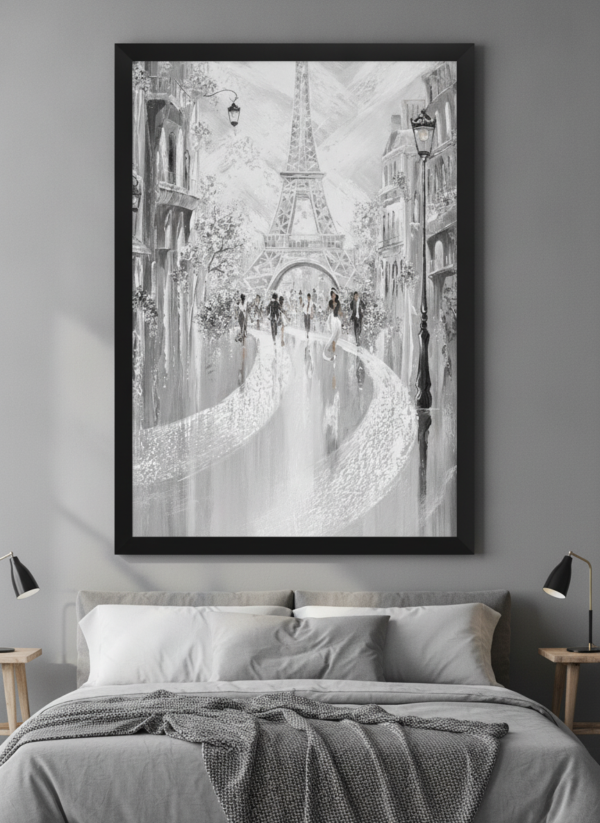 Minimalist artwork displayed in a calm, light-filled bedroom interior