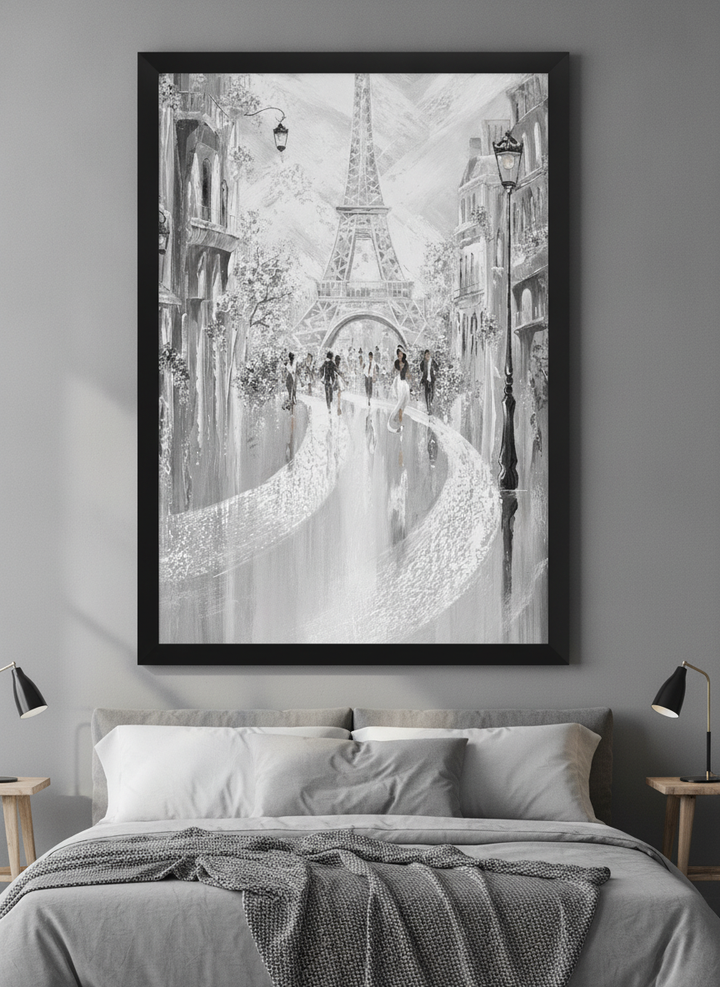 Minimalist artwork displayed in a calm, light-filled bedroom interior