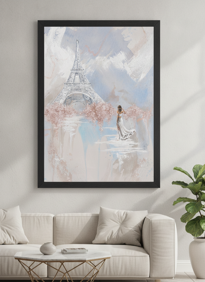 Modern wall art styled above a sofa in a neutral living room
