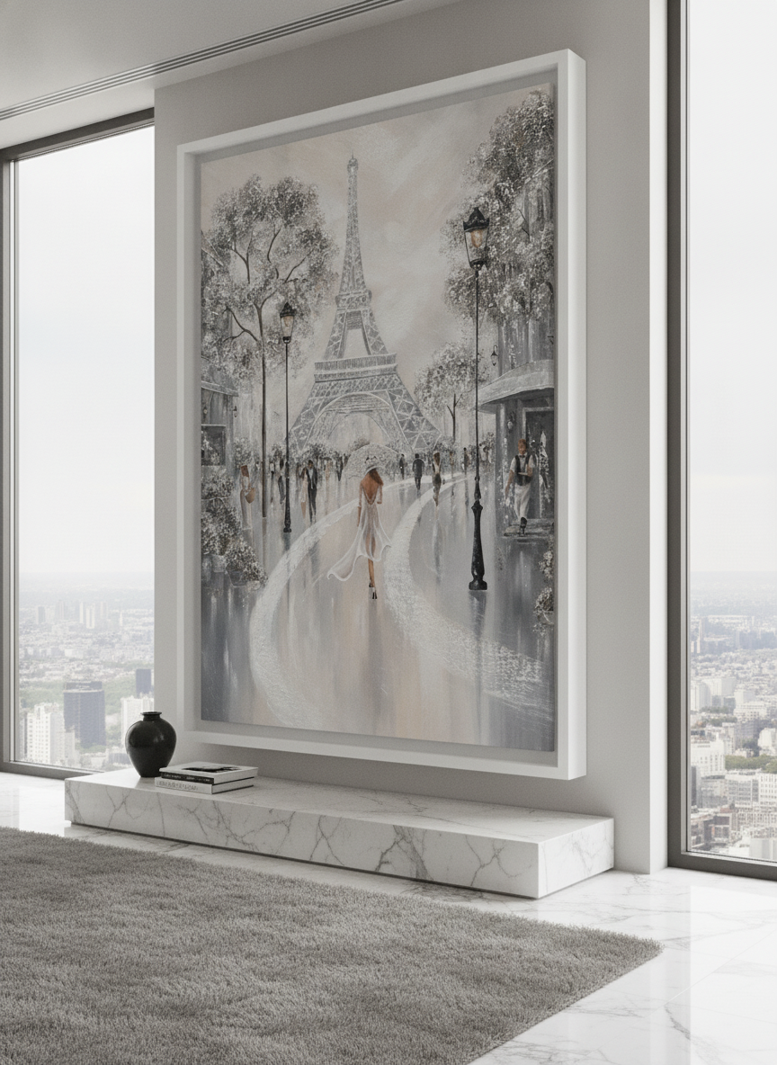 Monumental artwork centred on a feature wall in a luxe interior
