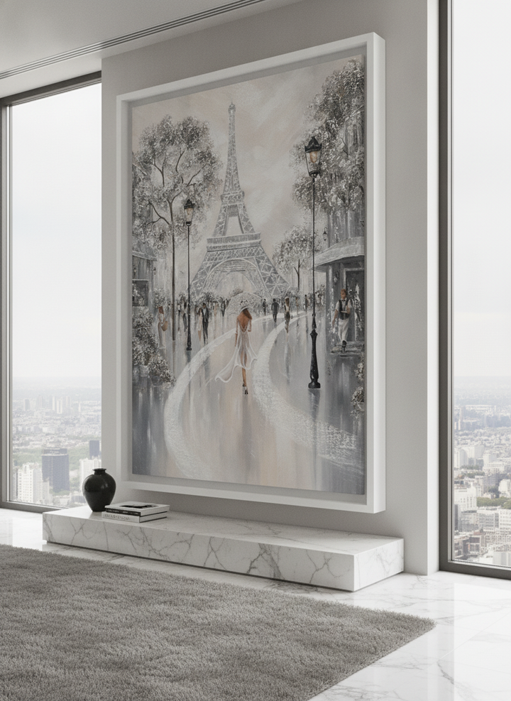 Monumental artwork centred on a feature wall in a luxe interior