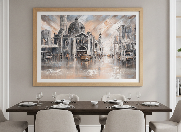 Wall art styled above a dining table in a contemporary home