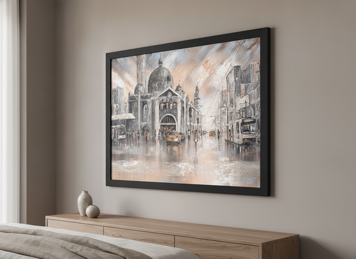 Minimalist artwork displayed in a calm, light-filled bedroom interior