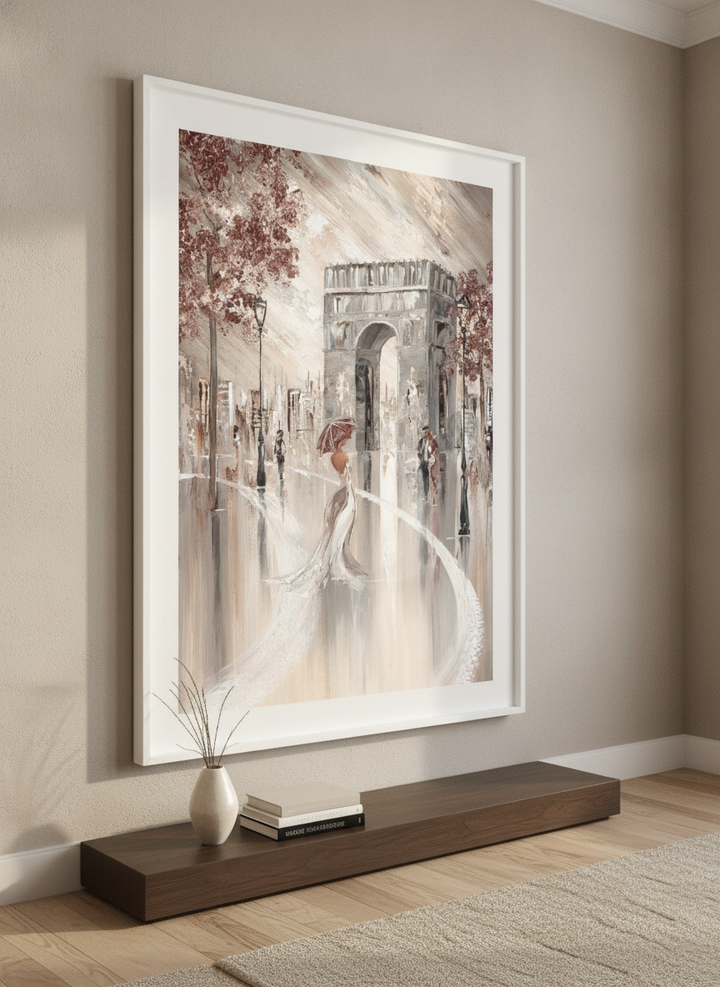 Monumental artwork centred on a feature wall in a luxe interior