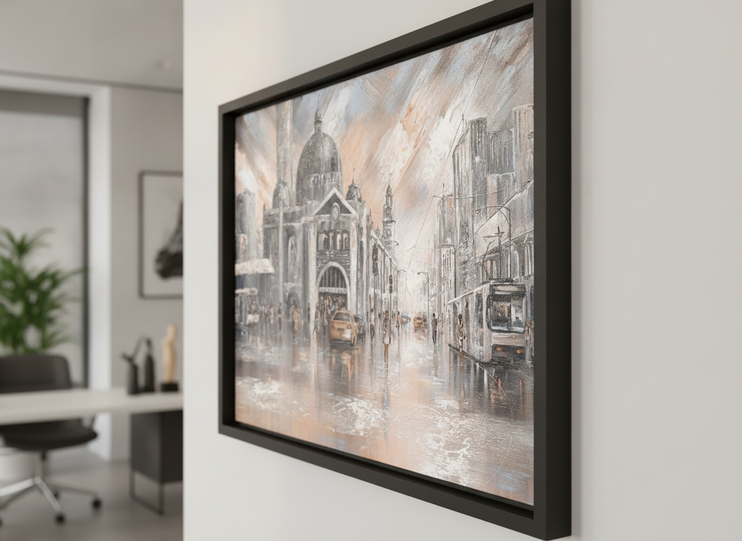 Contemporary wall art featured in a bright modern office workspace