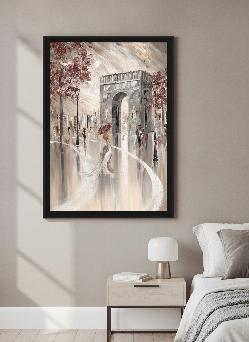 Minimalist artwork displayed in a calm, light-filled bedroom interior
